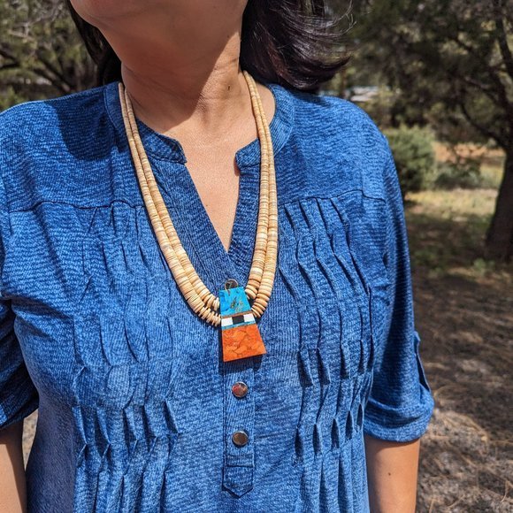 Hopi Shell Beads Necklace Inlay Turquoise Pendant Native American Handmade*** - Picture 4 of 10